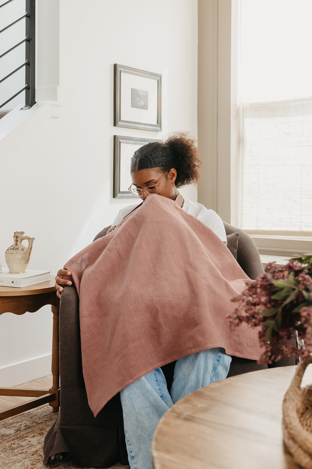 Linen Nursing Cover Luxe in Pink Peony